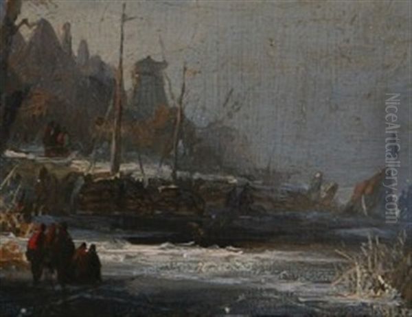 Paysage De Riviere En Hollande Anime De Personnages Pres D'un Bateau En Bois Et 'koek-en-zopie' Oil Painting by Antonie Waldorp