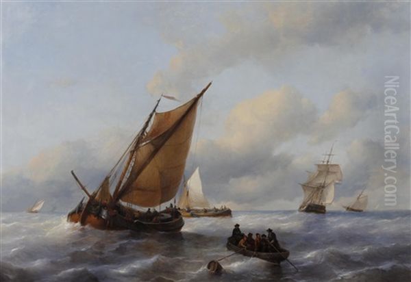 Dutch Barges And Other Shipping At Sea Oil Painting by Antonie Waldorp