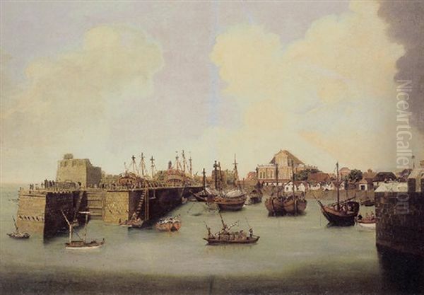 A View Of Bombay Harbor With Moored Sailing Vessels And A Dry Dock With Government House Beyond Oil Painting by James Wales