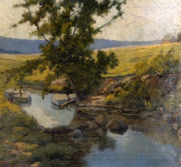 Foreground Stream With Sunny Hillside Landscape Oil Painting by Orlando G. Wales