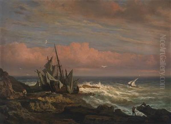 Fishermen On The Coast Oil Painting by Carlo Brioschi