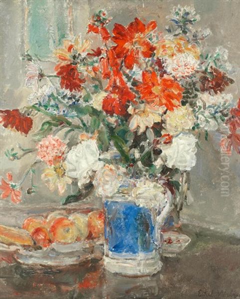 Still Life Of Mixed Flowers In A Blue Vase Oil Painting by Dame Ethel Walker