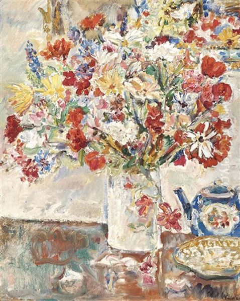 Flowers In A Jug With Teapot Oil Painting by Dame Ethel Walker