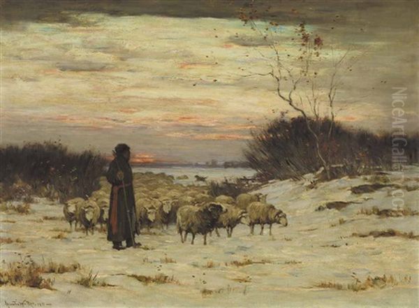 Sunset Over A Snowbound Pasture Oil Painting by Horatio Walker