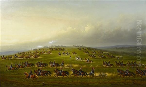 A Battery Of U.s. Artillery On Maneuvers Oil Painting by James Walker