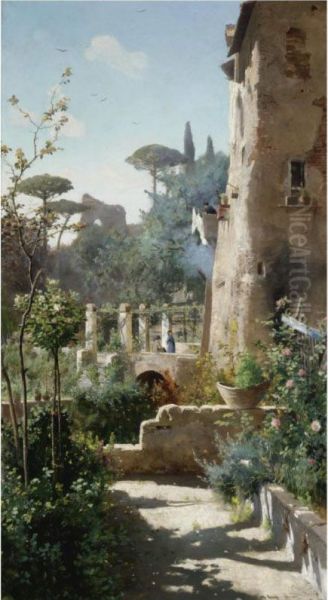 Italian Villa Oil Painting by Othmar Brioschi