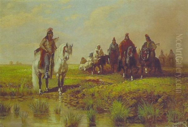 Mounted Indians Near A Stream Oil Painting by James Walker