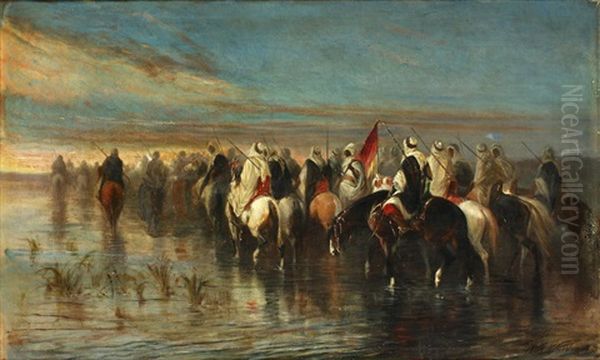 Arab Horsemen Crossing A River Oil Painting by James Alexander Walker