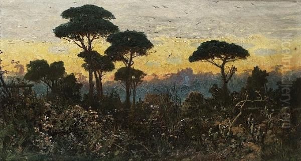 A Forest At Sunset Oil Painting by Othmar Brioschi