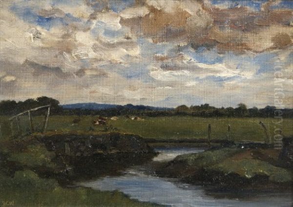 Cattle In A Field By A River Oil Painting by John Crampton Walker