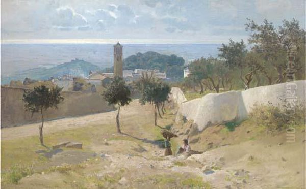 Picking Olives Above An Italian Village Oil Painting by Othmar Brioschi