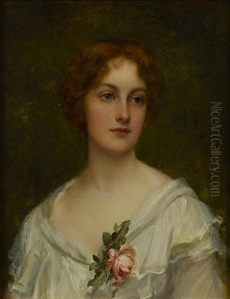 A Portrait Of A Young Woman, Bust-length, In A White Dress Oil Painting by John Hanson Walker