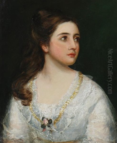 Portrait Of A Young Woman Wearing A Lace And Blue Silk Gown Oil Painting by John Hanson Walker