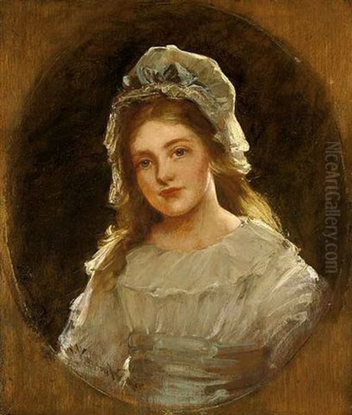 Portrait Of A Girl (the Artist's Daughter Dorothy?) Wearing A White Dress And Bonnet, And A Blue Sash Oil Painting by John Hanson Walker