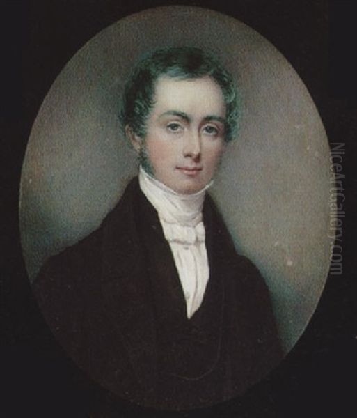 A Young Gentleman With Side-whiskers, Wearing Black Coat, Waistcoat, White Chemise And Tied Cravat Oil Painting by Mrs. William Walker