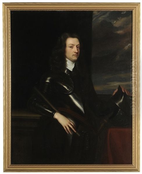 Portrait Of A Gentleman In Armour And Holding A Baton Oil Painting by Robert Walker