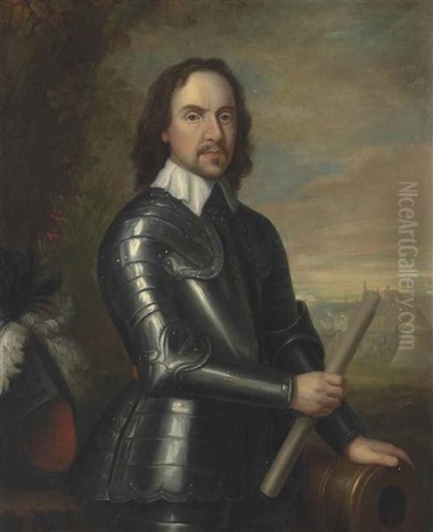 Portrait Of Oliver Cromwell (1599-1658), Three-quarter-length, In Armour, Holding A Baton In His Right Hand, His Left Hand Resting On A Canon, An Encampment And A City Beyond Oil Painting by Robert Walker