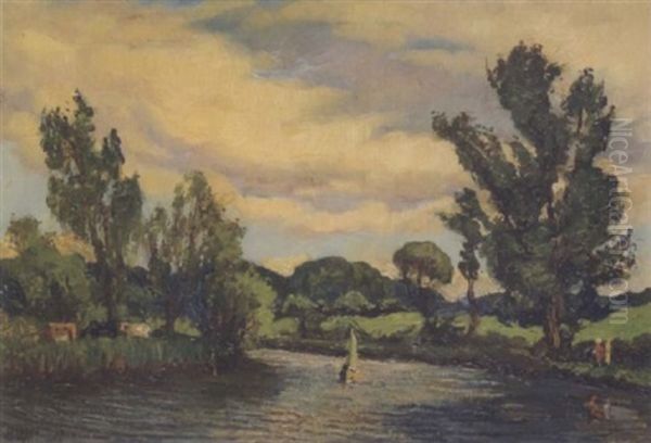 Sailing Boat On River Lagan, Belfast Oil Painting by Thomas Bond Walker