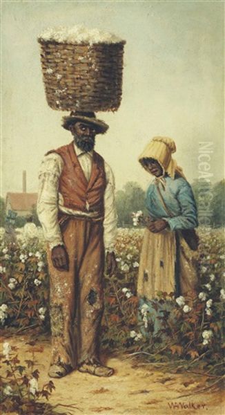 Couple In Cotton Field, Woman With Yellow Bonnet Oil Painting by William Aiken Walker