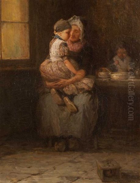 Mother And Children, An Interior Scene Oil Painting by David Birdsey Walkley