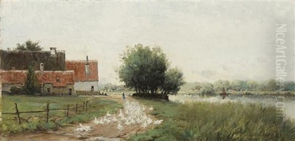 Geese On A French Farm Oil Painting by David Birdsey Walkley