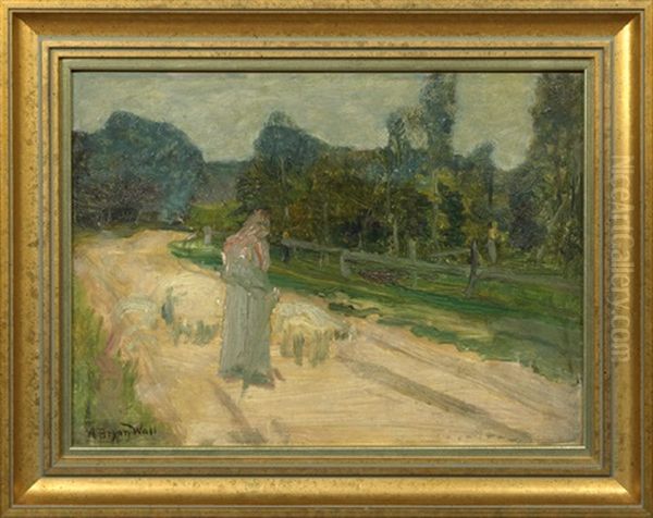 Figure And Sheep On A Fence Lined Country Road by A. Bryan Wall