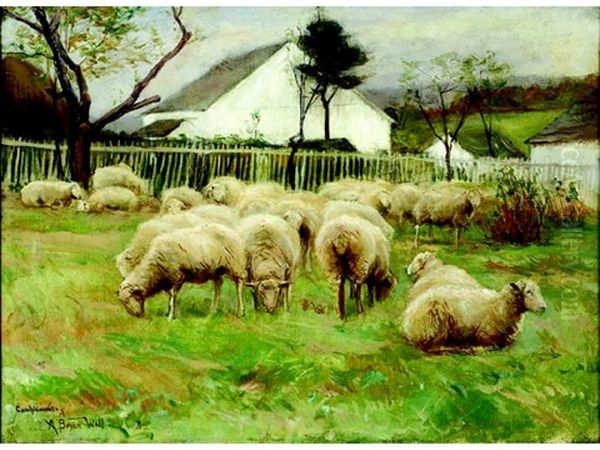 Sheep Grazing In A Fenced Pasture, Nearby Farmhouses Oil Painting by A. Bryan Wall