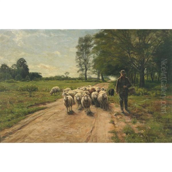 Farmer Leading His Flock On A Sunlit Lane Oil Painting by A. Bryan Wall