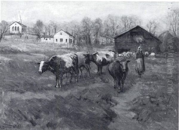 Farm Scene With Peasant Girl And Livestock Oil Painting by A. Bryan Wall