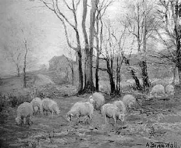 Sheep In Autumn Leaves Oil Painting by A. Bryan Wall