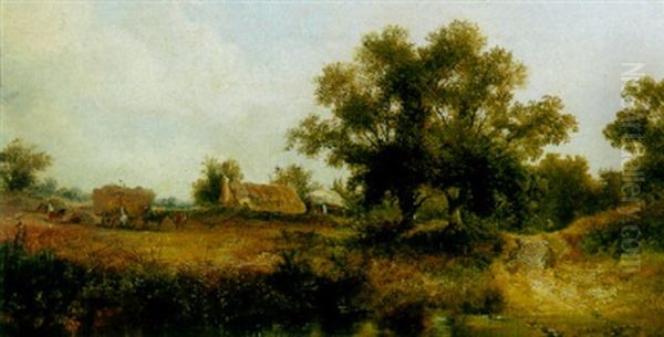 Gathering Hay On A Farm Near A River Oil Painting by William Archibald Wall