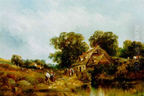 Figures Before A Village Pond Oil Painting by William Archibald Wall