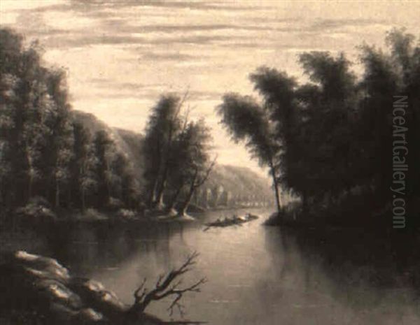 River With Flatboatmen Oil Painting by William Coventry Wall