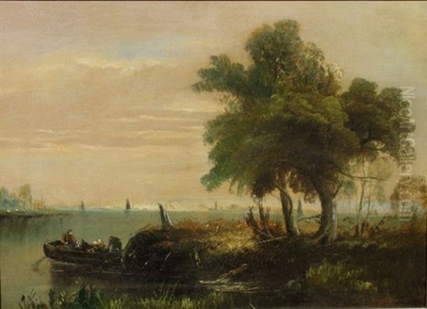 Hudson River Landscape With Fishermen Oil Painting by William Guy Wall