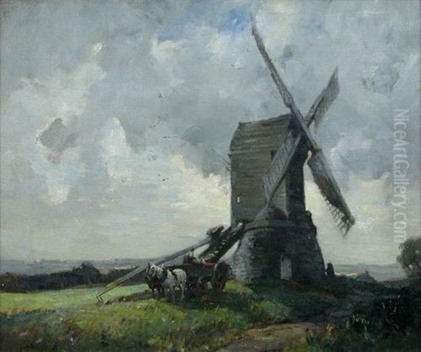 Heavy Horses And A Cart By A Windmill At Sunset Oil Painting by James Wallace