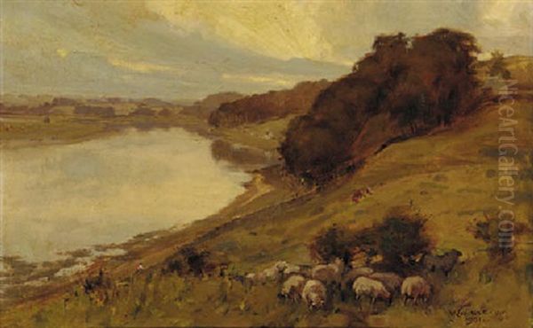 Sheep On A Hillside Above The River Tweed Oil Painting by John Wallace