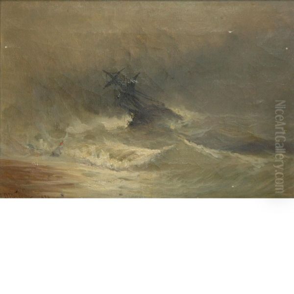 Ship In Stormy Waters Oil Painting by Franklin Briscoe