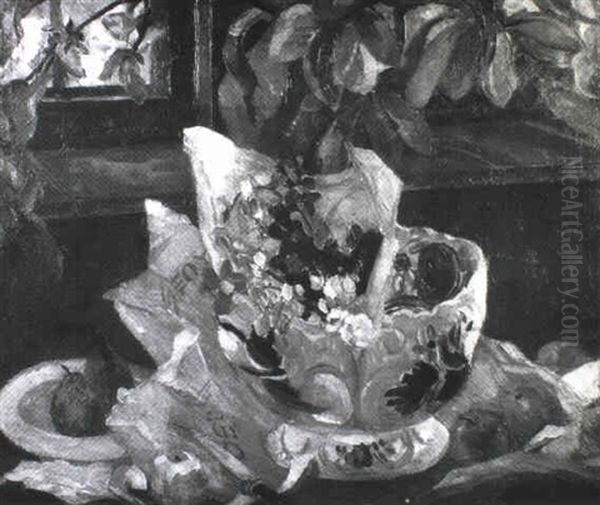 Still Life With Plant In A China Bowl And Fruit On A Table by Robin Wallace