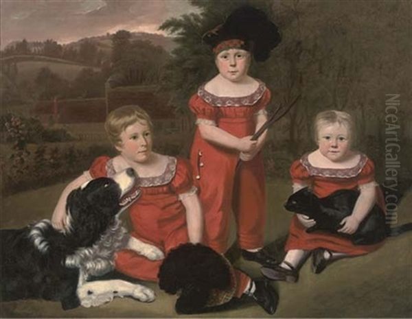 Portrait Of Three Children With A Landseer Dog And Black Cat, In A Highland Garden Oil Painting by William Wallace