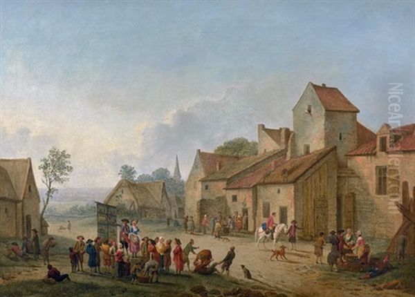 Marchand De Gravures Ambulant Et Personnages Dans La Cour D'une Ferme (pair) Oil Painting by Pierre-Joseph Wallaert