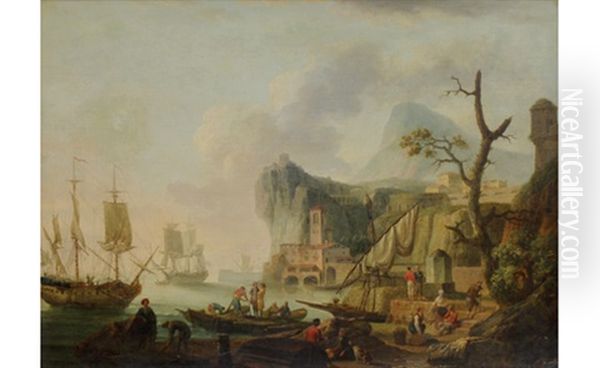 Harbor Scene With Figures At Work Oil Painting by Pierre-Joseph Wallaert