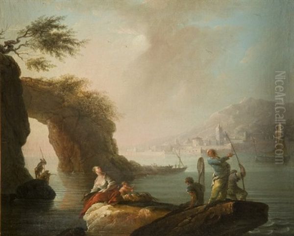 Pecheurs Sur Une Cote Rocheuse Devant Un Rivage Mediterraneen Oil Painting by Pierre-Joseph Wallaert