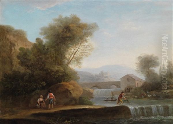 Ein Wasserfall Mit Fischern Oil Painting by Pierre-Joseph Wallaert