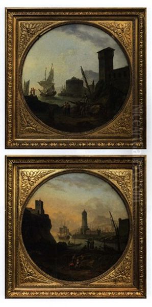 Tour Fortifee A L'entree Du Port Anime (+ Phare Dominant Un Port Anime De Pecheurs; Pair) Oil Painting by Pierre-Joseph Wallaert