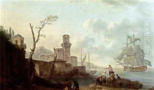 A Mediterranean Bay With Two Sailing Vessels, And Fishermen With Their Nets And Boat And Other Figures In The Foreground, A View Of A Harbour Town With A Castle And A Lighthouse On The Left Oil Painting by Pierre-Joseph Wallaert