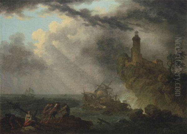 Naufrage Par Gros Temps, Survivants Sur Un Rocher, Un Phare A L'arriere-plan Oil Painting by Pierre-Joseph Wallaert