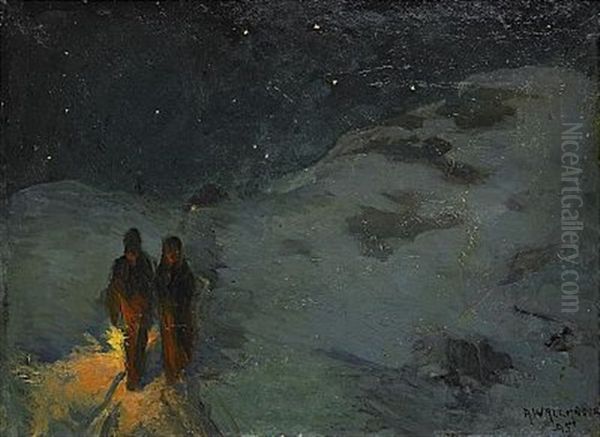 Par Med Lampa - Stjarnklar Vinternatt Oil Painting by Alf Wallander