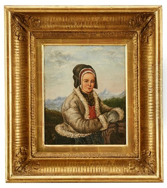 Landskap Med Kvinna I Folkdrakt Oil Painting by Josef Wilhelm Wallander