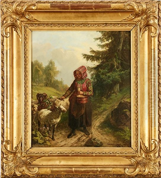 Vallflicka I Folkdrakt Oil Painting by Josef Wilhelm Wallander