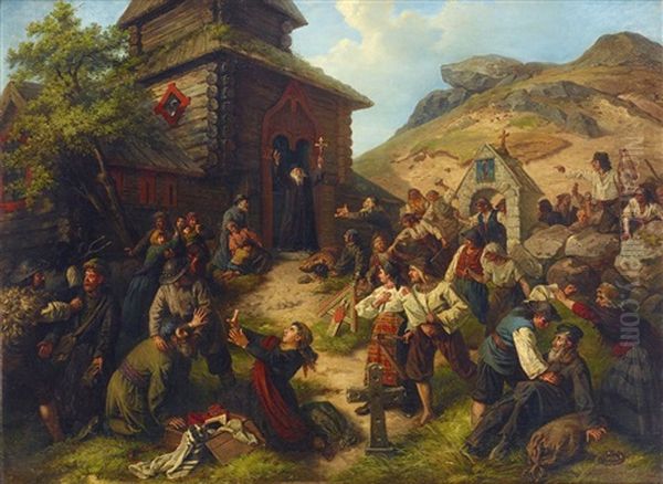 Dramatisk Scen Framfor Ryskortodoxt Kapell Oil Painting by Josef Wilhelm Wallander